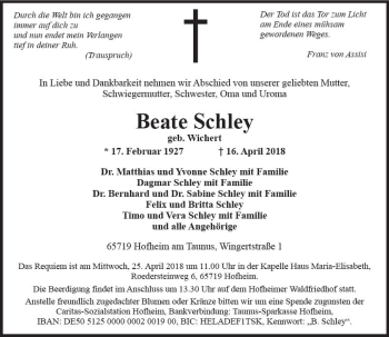 Traueranzeige von Beate Schley von Trauerportal Rhein Main Presse
