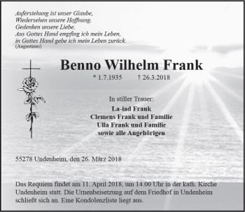 Traueranzeige von Benno Wilhelm Frank von Trauerportal Rhein Main Presse