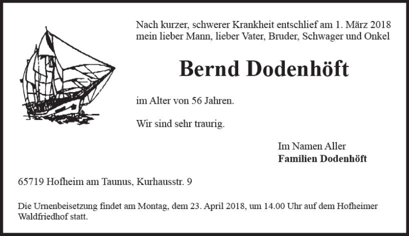  Traueranzeige für Bernd Dodenhöft vom 13.04.2018 aus Trauerportal Rhein Main Presse