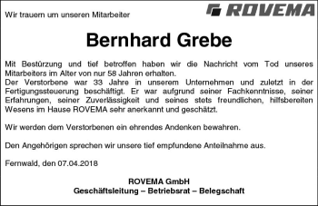 Traueranzeige von Bernhard Grebe von  Gießener Anzeiger
