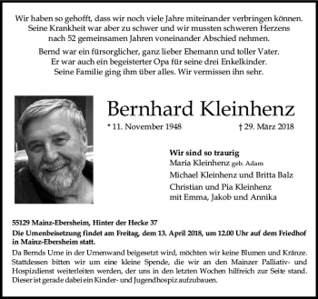 Traueranzeige von Bernhard Kleinhenz von Trauerportal Rhein Main Presse