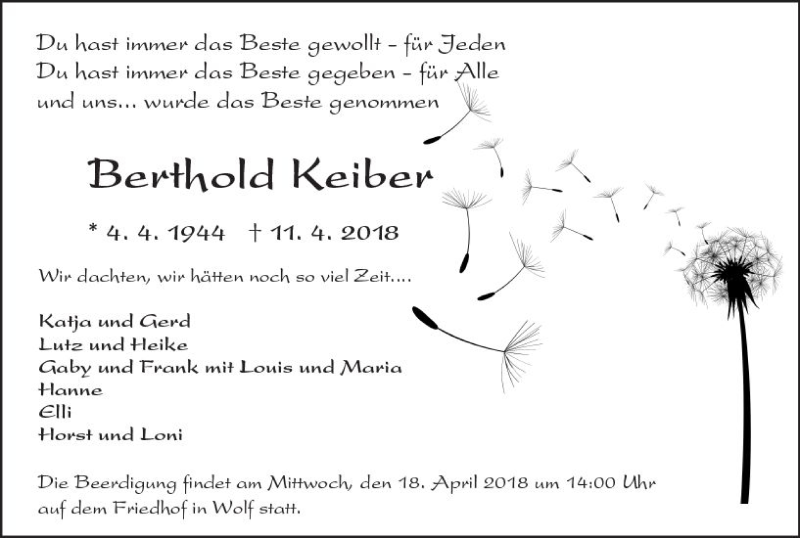  Traueranzeige für Berthold Keiber vom 14.04.2018 aus  Kreisanzeiger