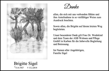 Traueranzeige von Brigitte Sigel von Trauerportal Rhein Main Presse