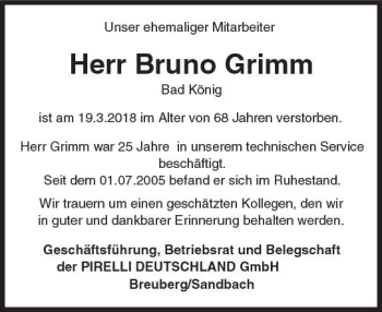 Traueranzeige von Bruno Grimm von Trauerportal Rhein Main Presse