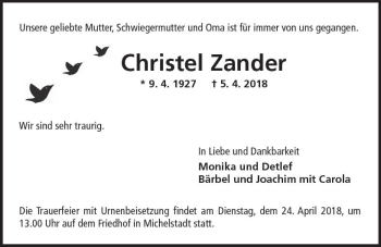 Traueranzeige von Christel Zander von Trauerportal Rhein Main Presse