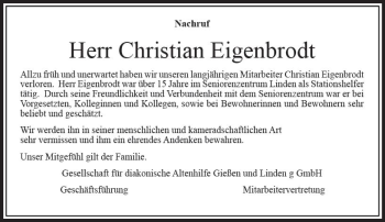 Traueranzeige von Christian Eigenbrodt von  Gießener Anzeiger