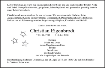 Traueranzeige von Christian Eigenbrodt von  Gießener Anzeiger