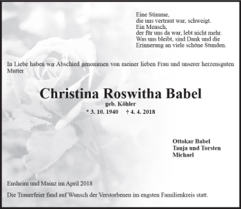 Traueranzeige von Christine Roswitha Babel von Trauerportal Rhein Main Presse