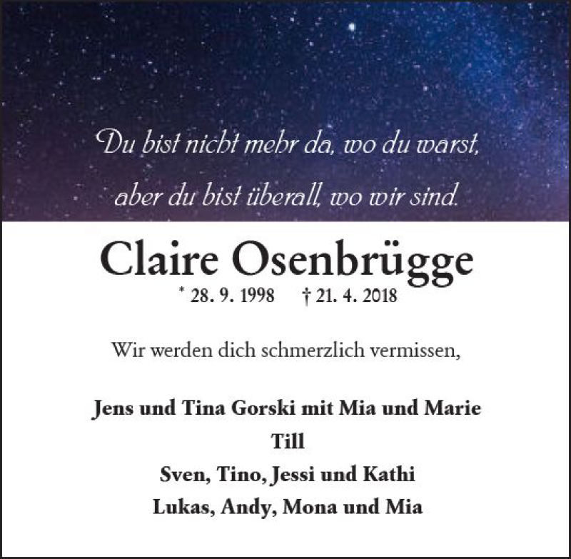 Traueranzeige für Claire Osenbrügge vom 28.04.2018 aus Trauerportal Rhein Main Presse