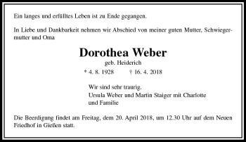 Traueranzeige von Dorothea Weber von  Gießener Anzeiger