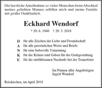Traueranzeige von Eckhard Wendorf von  Gießener Anzeiger