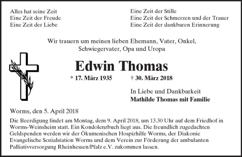  Traueranzeige für Edwin Thomas vom 05.04.2018 aus Trauerportal Rhein Main Presse
