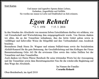 Traueranzeige von Egon Rehnelt von VRM Trauer