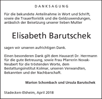 Traueranzeige von Elisabeth Barutschek von Trauerportal Rhein Main Presse