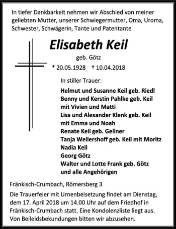 Traueranzeige von Elisabeth Keil von Trauerportal Rhein Main Presse