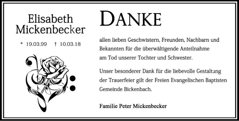  Traueranzeige für Elisabeth Mickenbecker vom 07.04.2018 aus Trauerportal Rhein Main Presse