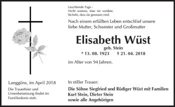 Traueranzeige von Elisabeth Wüst von  Gießener Anzeiger