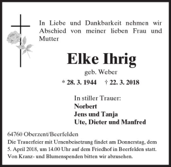 Traueranzeige von Elke Ihrig von Trauerportal Rhein Main Presse