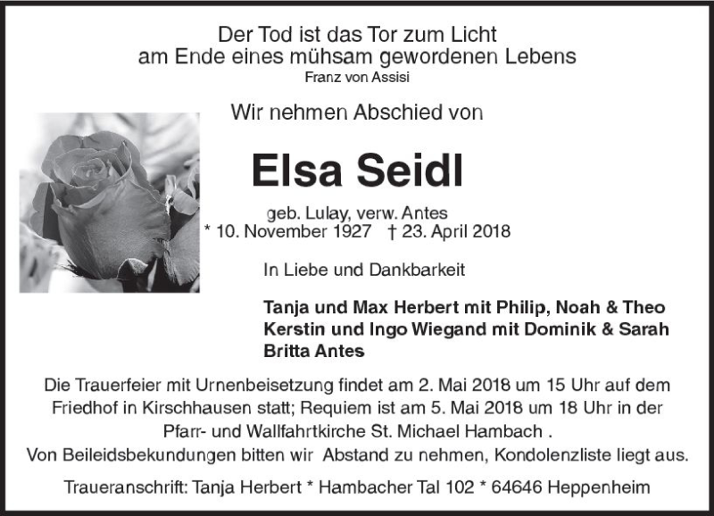  Traueranzeige für Elsa Seidl vom 28.04.2018 aus Trauerportal Rhein Main Presse