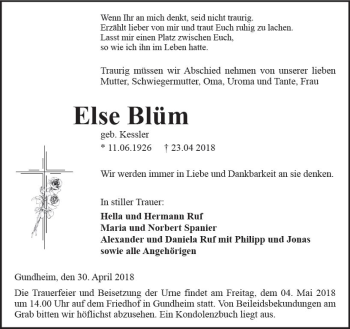 Traueranzeige von Else Blüm von Trauerportal Rhein Main Presse