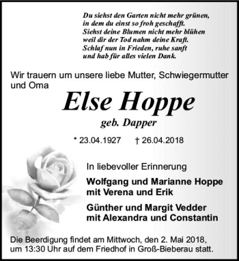 Traueranzeige von Else Hoppe von Trauerportal Rhein Main Presse