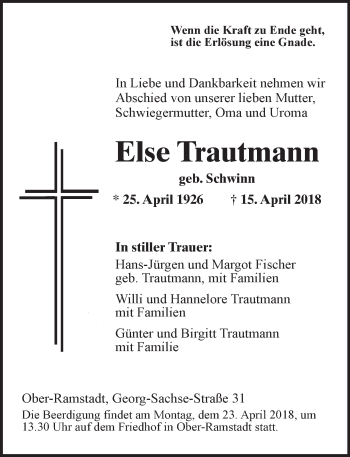 Traueranzeige von Else Trautmann von Trauerportal Rhein Main Presse