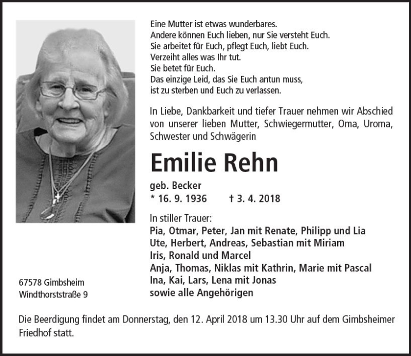  Traueranzeige für Emilie Rehn vom 10.04.2018 aus Trauerportal Rhein Main Presse