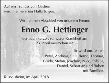 Traueranzeige von Enno G. Hettinger von Trauerportal Rhein Main Presse