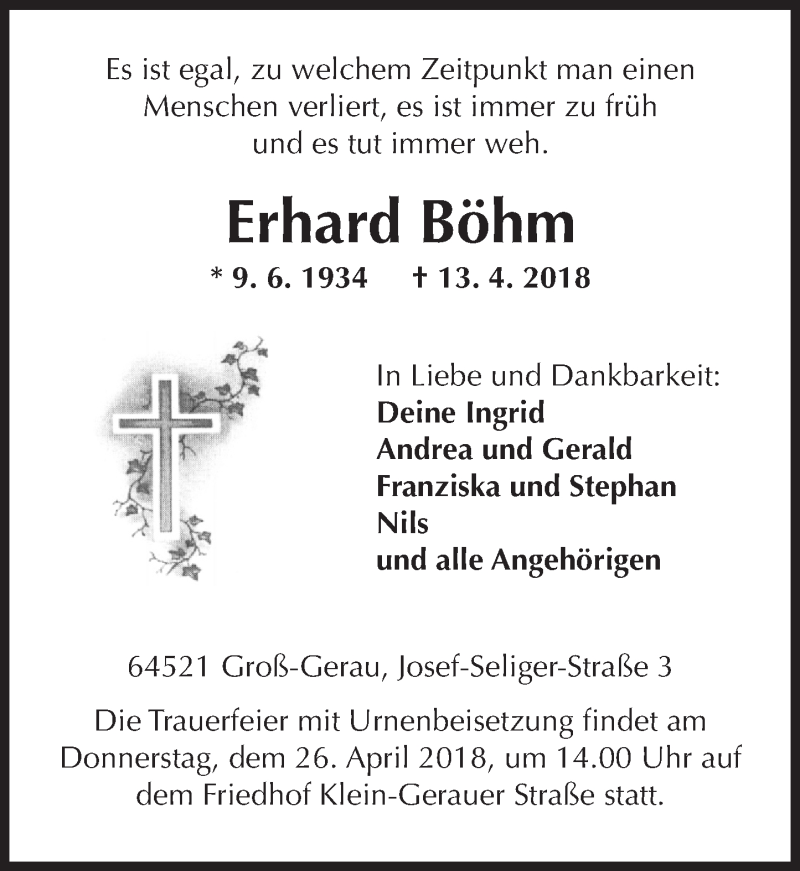  Traueranzeige für Erhard Böhm vom 21.04.2018 aus Trauerportal Rhein Main Presse