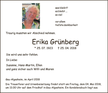 Traueranzeige von Erika Grünberg von Trauerportal Rhein Main Presse