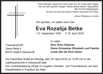 Traueranzeige von Eva Rozalija Betke von Trauerportal Rhein Main Presse