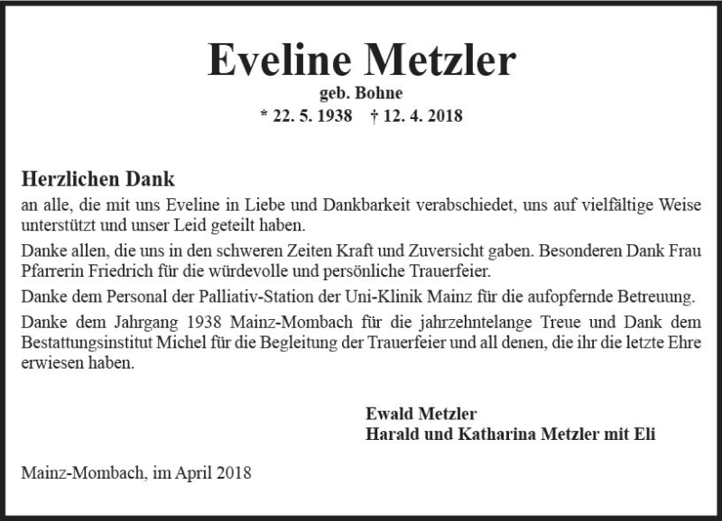  Traueranzeige für Eveline Metzler vom 28.04.2018 aus Trauerportal Rhein Main Presse