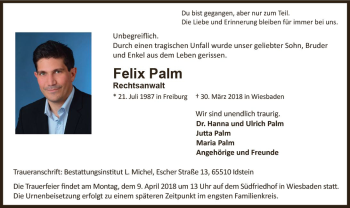 Traueranzeige von Felix Palm von Trauerportal Rhein Main Presse