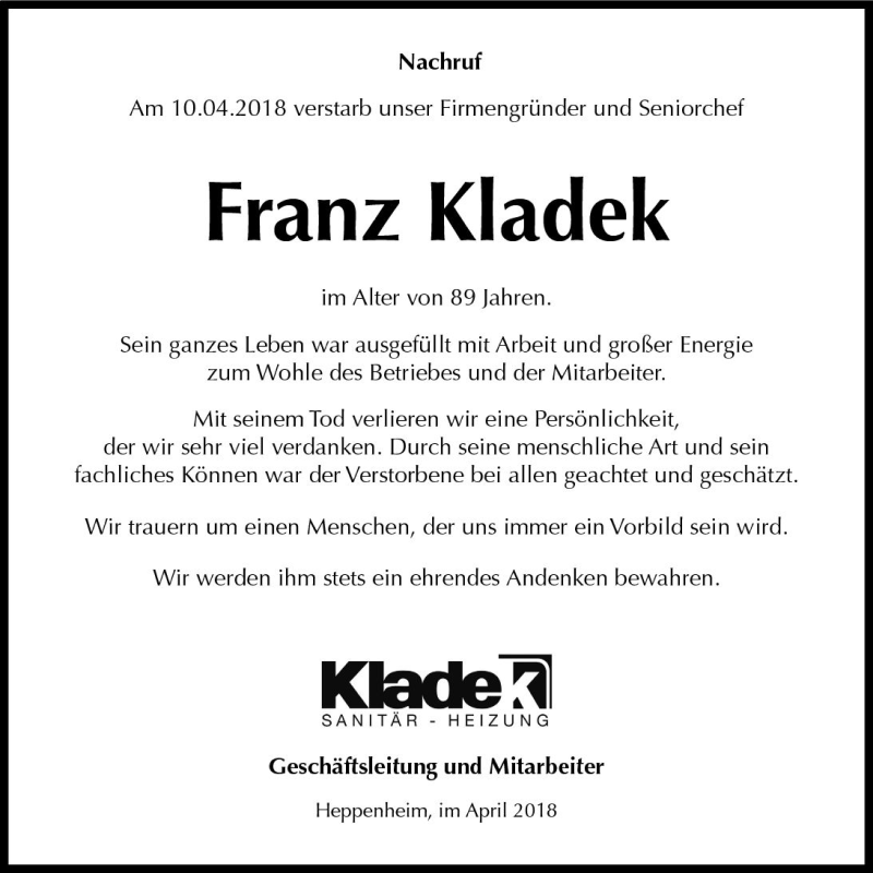  Traueranzeige für Franz Kladek vom 18.04.2018 aus Trauerportal Rhein Main Presse