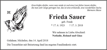 Traueranzeige von Frieda Sauer von  Kreisanzeiger