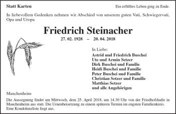 Traueranzeige von Friedrich Steinacher von Trauerportal Rhein Main Presse