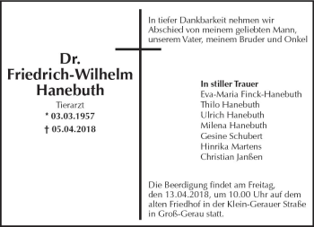 Traueranzeige von Friedrich-Wilhelm Hanebuth von Trauerportal Rhein Main Presse