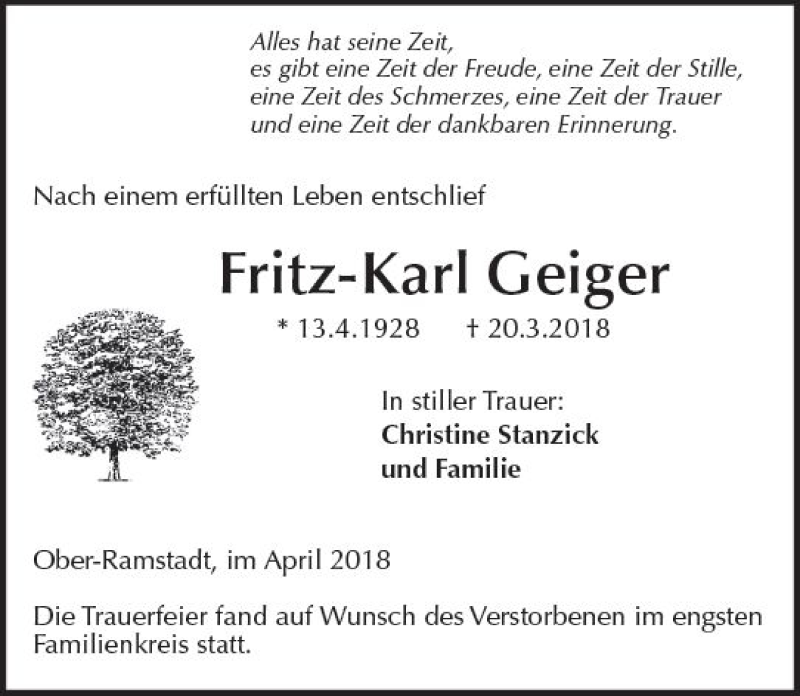  Traueranzeige für Fritz-Karl Geiger vom 07.04.2018 aus Trauerportal Rhein Main Presse