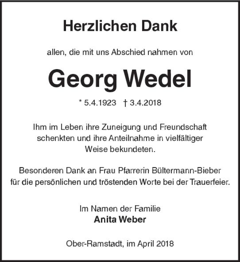  Traueranzeige für Georg Wedel vom 28.04.2018 aus Trauerportal Rhein Main Presse