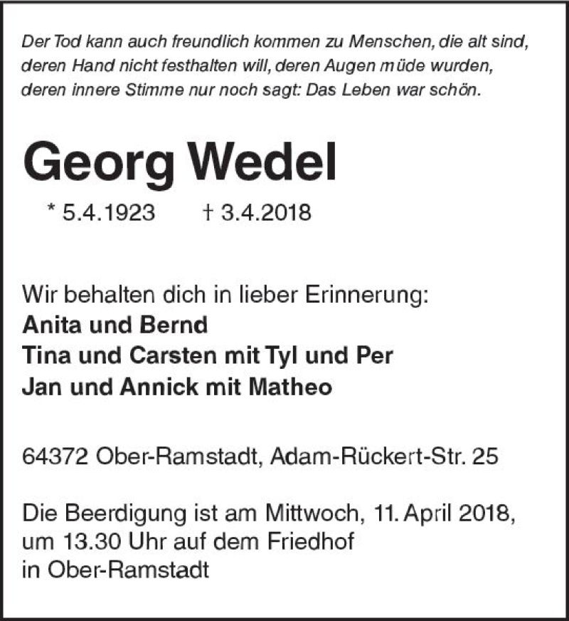  Traueranzeige für Georg Wedel vom 07.04.2018 aus Trauerportal Rhein Main Presse