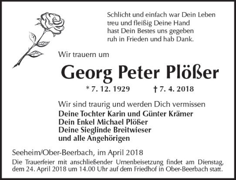  Traueranzeige für Georg Peter Plößer vom 14.04.2018 aus Trauerportal Rhein Main Presse