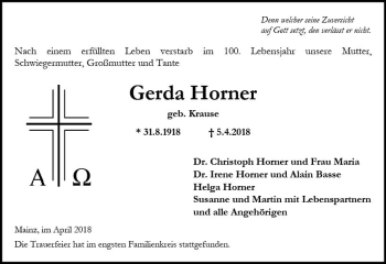 Traueranzeige von Gerda Horner von Trauerportal Rhein Main Presse