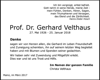 Traueranzeige von Gerhard Velthaus von Trauerportal Rhein Main Presse