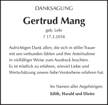 Traueranzeige von Gertrud Mang von Trauerportal Rhein Main Presse