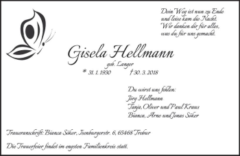 Traueranzeige von Gisela Hellmann von Trauerportal Rhein Main Presse