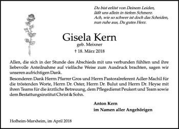 Traueranzeige von Gisela Kern von Trauerportal Rhein Main Presse