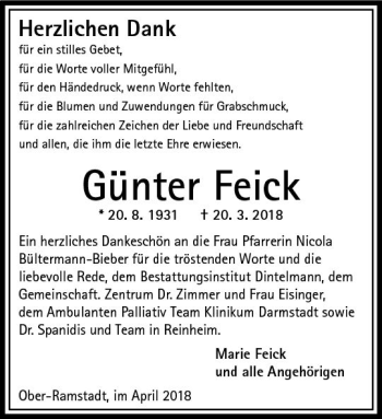 Traueranzeige von Günter Feick von Trauerportal Rhein Main Presse