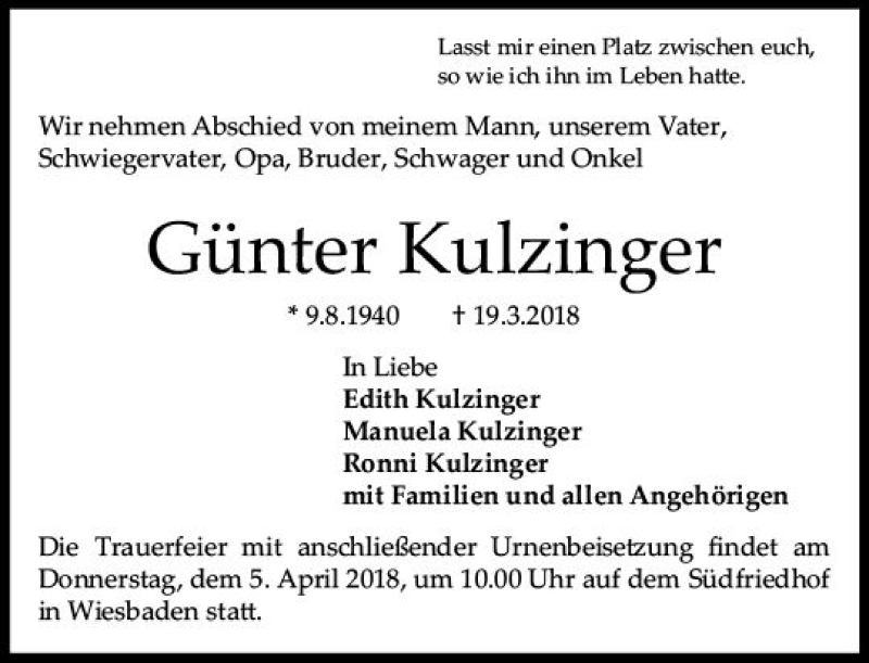  Traueranzeige für Günter Kulzinger vom 03.04.2018 aus Trauerportal Rhein Main Presse