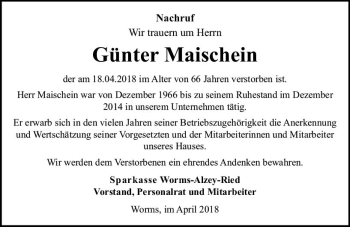 Traueranzeige von Günter Maischein von Trauerportal Rhein Main Presse