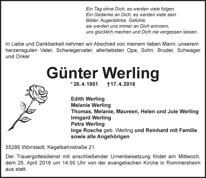  Traueranzeige für Günter Werling vom 21.04.2018 aus Trauerportal Rhein Main Presse